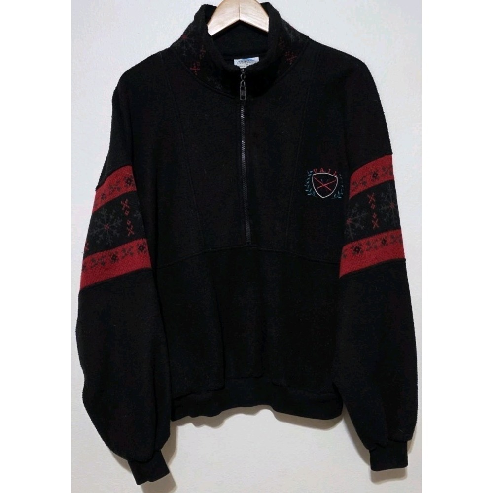 Fahrenheit Zip Pullover Vail Embroidered Fleece Sweatshirt M Black Vintage Thick